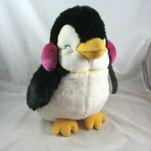 Russ Berrie Plush Penguin Tux Big 14" Stuffed Animal Toy Wearing Ear Muffs